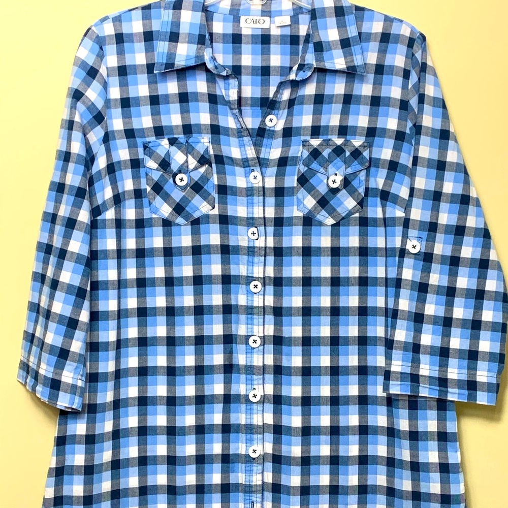 Cato Blue Gingham Mid-Sleeve Button-down Shirt Size Large